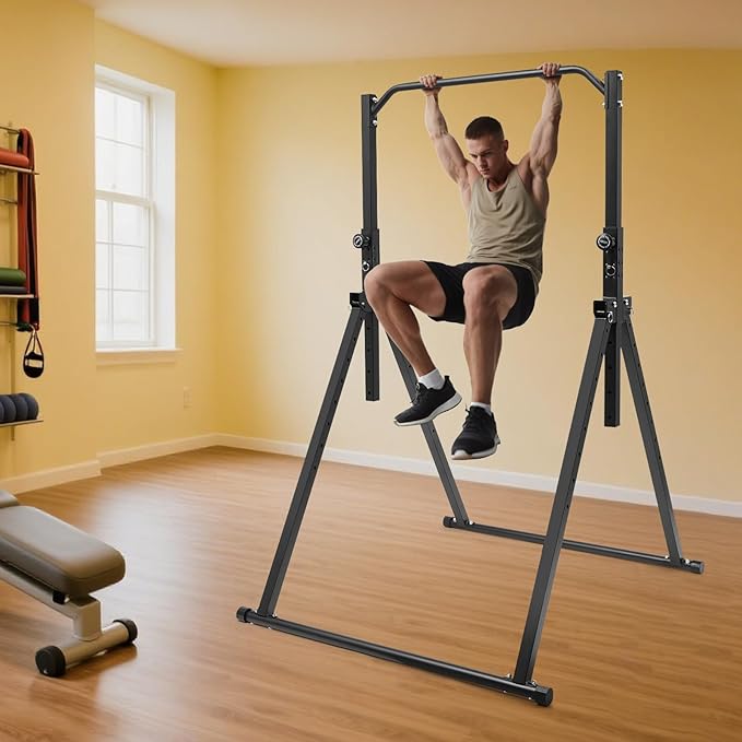Triangular Pull Up Station, Foldable Power Tower Pull Up Bar Dip Station, Adjustable Height Multifunction Workout Stand for Home Gym Strength Training Equipment, Support 440lbs