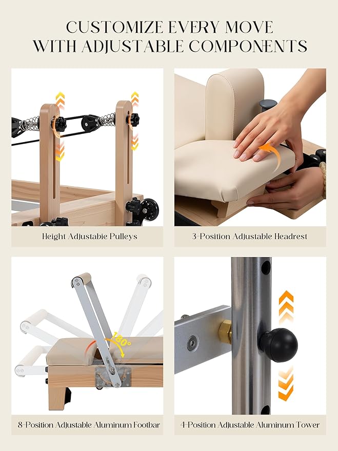 Pilates Reformer Machine, Quick-Assembly Studio Grade Pilates Equipment for Gym and Home, Oak Wood Pilates Reformer with Reformer Accessories
