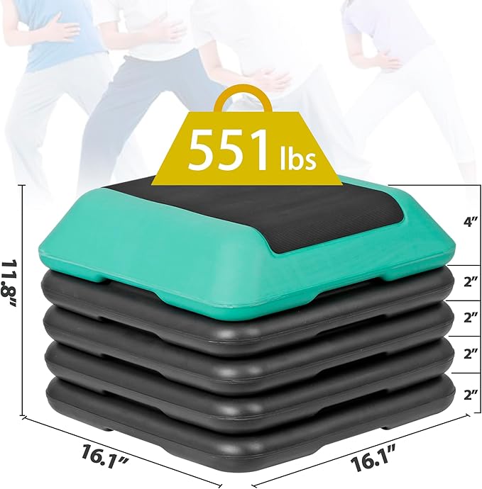 16"x16" Height Adjustable Step Aerobic Platform with 4 Risers, Exercise Workout Stepper for Home Training, Gym Fitness, 4''- 6'' - 8''-10''-12''