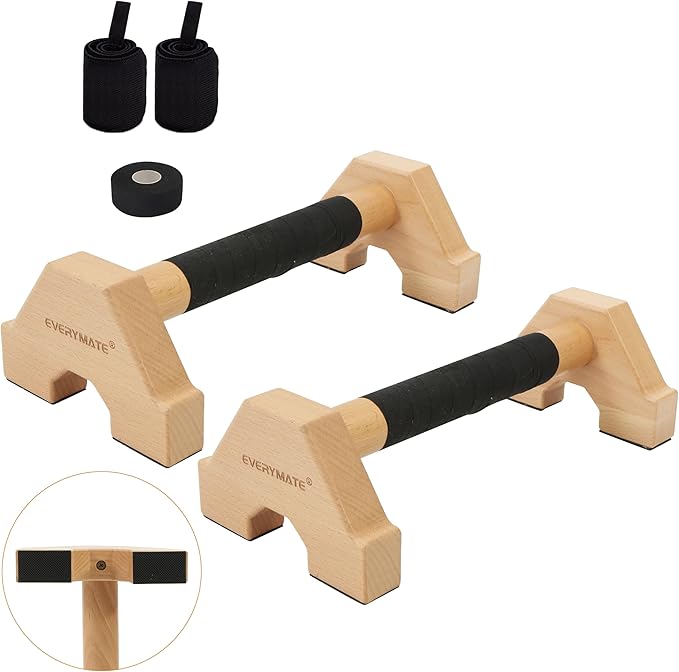 EVERYMATE Wood Push Up Bars Parallettes Bars with Rubber Feet, Anti-slip Handstand Bars for Calisthenics, Equipment for Home, Push Up Handles for Floor, Handstand Push Up Handles, Support 600 LB