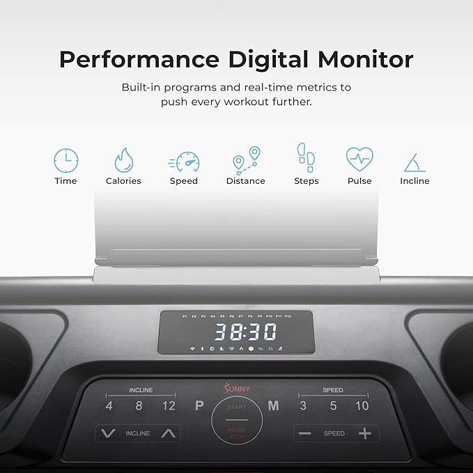 Sunny Health & Fitness Premium Smart Treadmill with Auto Incline, Dedicated Speed Buttons, Digital Performance Display