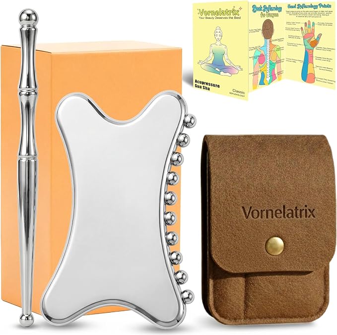 Stainless Steel Gua Sha & Muscle Scraper Tool Set – 2-in-1 Manual Deep Tissue Body Massager with Acupressure Pen – Ergonomic Handheld Tool for Myofascial Release, Trigger Points & Mobility