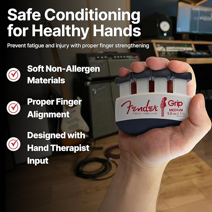 Fender GRIP Hand and Finger Exerciser – Best Ergonomic Finger Strengthener to improve play on all stringed instruments (Guitar, Bass, Violin, etc.) (Tensions: WHITE=5-Lbs; RED=7-Lbs; BLACK=9-Lbs)