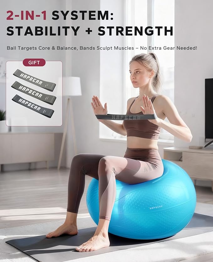 HAPBEAR Exercise Ball (22''/26''/30'') - Anti-Burst Slip-Resistant Yoga/Pilates Ball for Core Training & Posture Improvement, Home Gym/Rehab/Pregnancy Ball, Quick Pump & 3 Resistance Bands Included