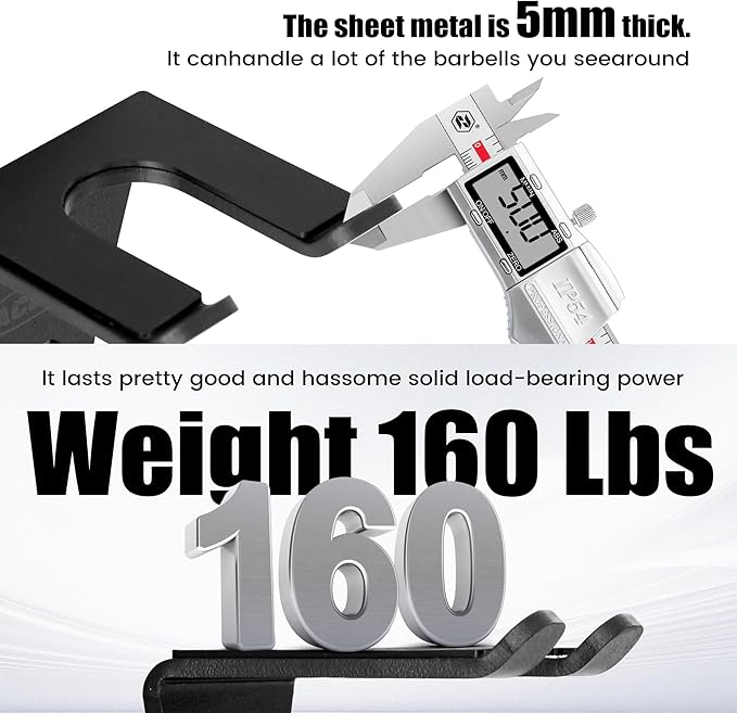 Olympic Barbell Wall Mount Holder - 5mm Steel Storage Rack for 35mm Bars, 160lb Capacity - Heavy Duty Hanger with Rubber Pads, Fits Home Gym & Garage Organization
