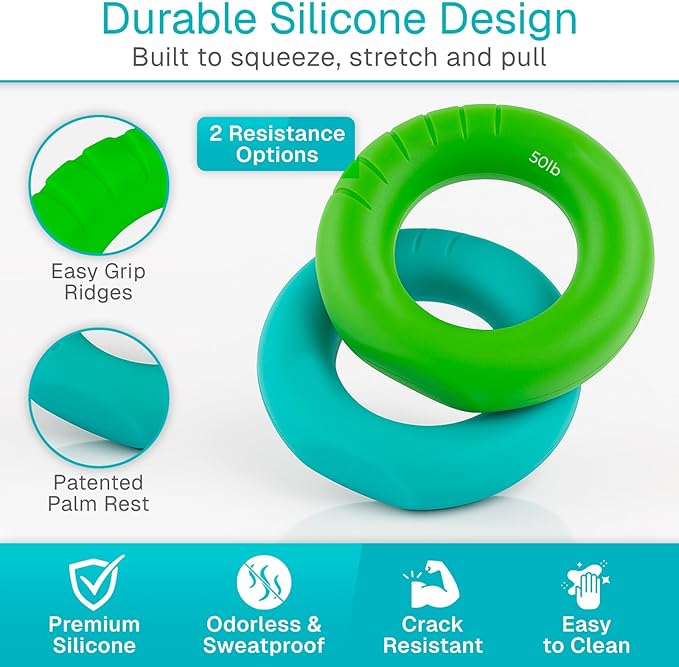 Vive Hand Strengthener Grip Ring - Forearm Ring Hand Exercisers - Silicone Squeezer Gripper for Muscle Strengthening Training Tool - Arthritis Finger Physical Therapy PT Kit Trainer (Textured 2 Pack)