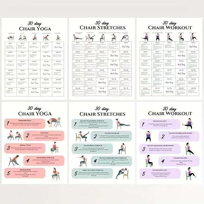 Chair Yoga 30-Day Set - 6 Pieces | Workout Supplies with Instruction Book for Beginners Home Travel Gym Office Morning Family Friends Sports Athletes Bodybuilding Fitness Strength
