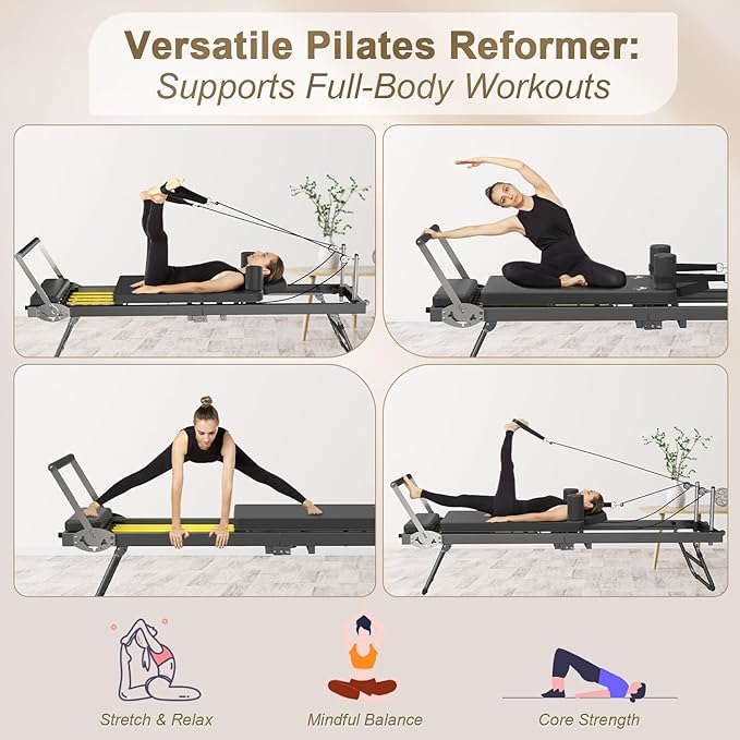 Pilates Reformer Machine, Foldable Reformer Pilates Machine & Equipment for Home Use Gym Workout, Suitable for Advanced and Beginners Users, Up to 400 lbs Weight Capacity, Black