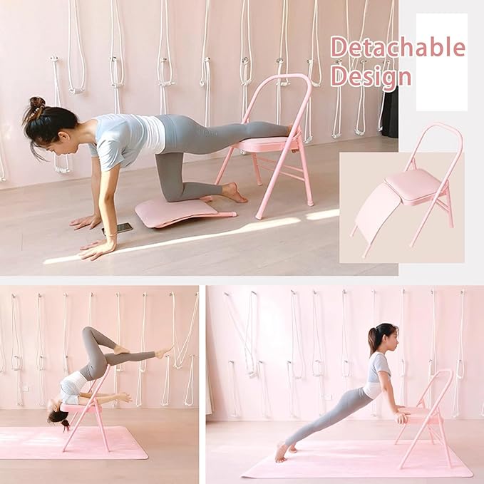 Foldable Yoga Auxiliary Chair for Adults Yoga Chair with Lumbar Support Metal Steel Frame 330 lbs Capacity YogaAuxiliaryChair for Balance Handstand Training Back Pain Relieving(Gray)