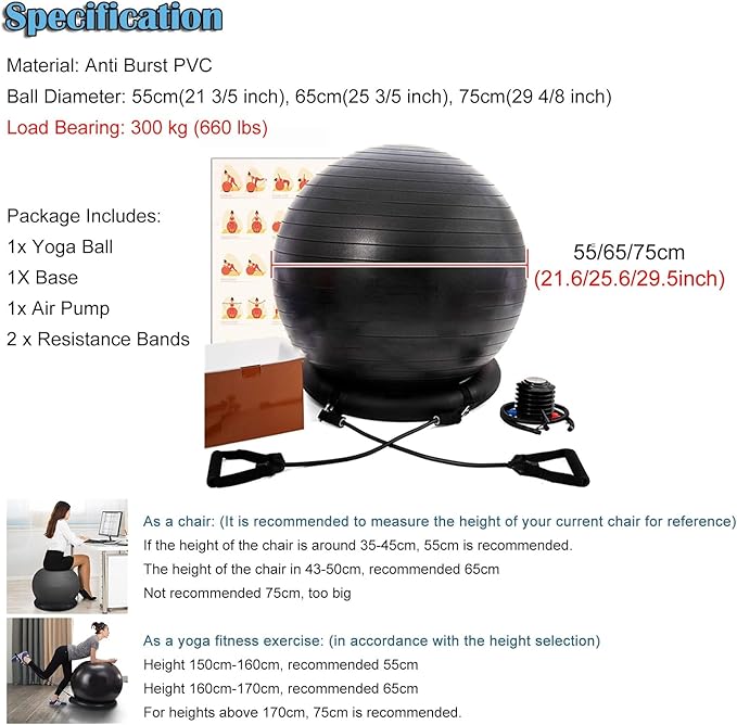 Yoga Ball Chair - Relieve Back Pain, PVC Anti-Burst Exercise Ball Chair for Home Office Desk Workout with Base & Resistance Bands, Backless Bouncy Ball Chair, Inflatable(Diameter 65cm(25 3/5 inch))