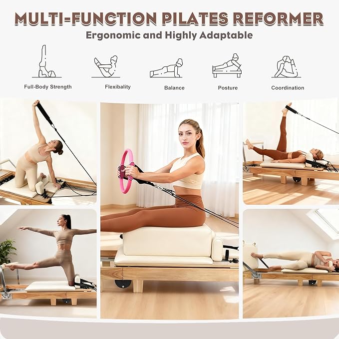 Pilates Reformer Machine, 95" Foldable Studio Grade Pilates Equipment with Adjustable Reformer Heights for Gym, Studio and Home, Oak Wood Pilates Reformer with Jump Board