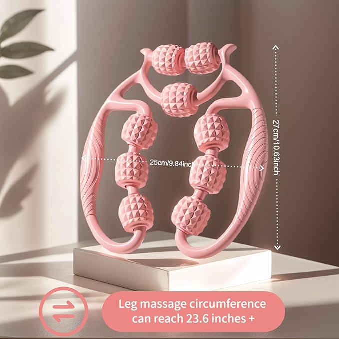 Full Body Massage Tool with 9 Rollers, Pink Manual Massager for Neck, Shoulder, Back, Arms, Legs, 25cm Length, Double Massage Area Design