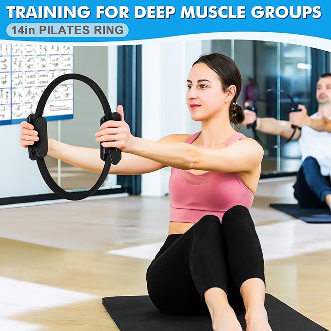 Pilates Ring Set Exercise Equipment, with Exercise Resistance Bands Set, Pilates Ball, Sliding Disks. Portable Home Gym - with Fitness Guide Poster