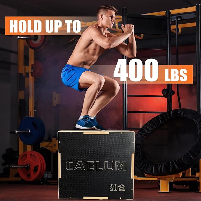 CAELUM 3-in-1 Wood Plyo Box - Non-Slip Plyometric Jump Box for Home & Gym, 400lbs Bearing Fitness Launch Box for Jumping Squats Step-ups Strength Training