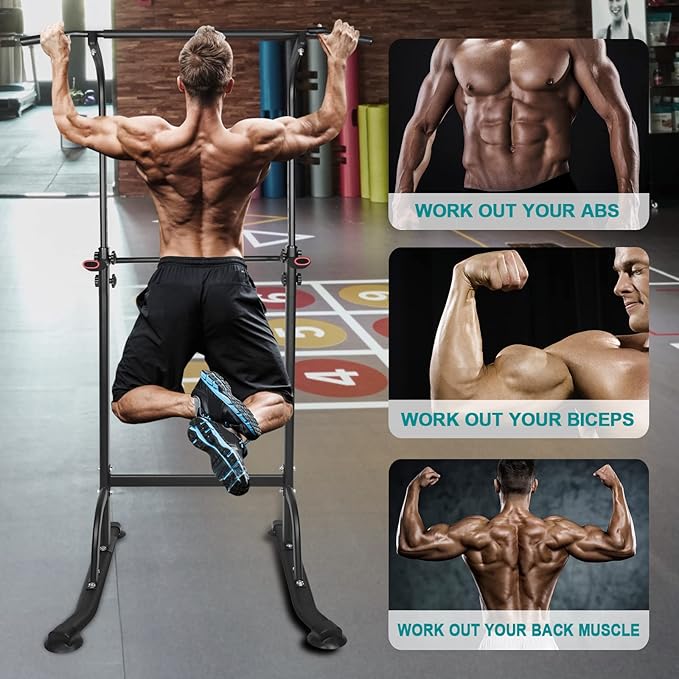 Power Tower Workout Dip Station Pull Up Bar, Height Adjustable Multi-Function Dip Stand with Detachable Bench for Home Gym Strength Training Fitness Equipment