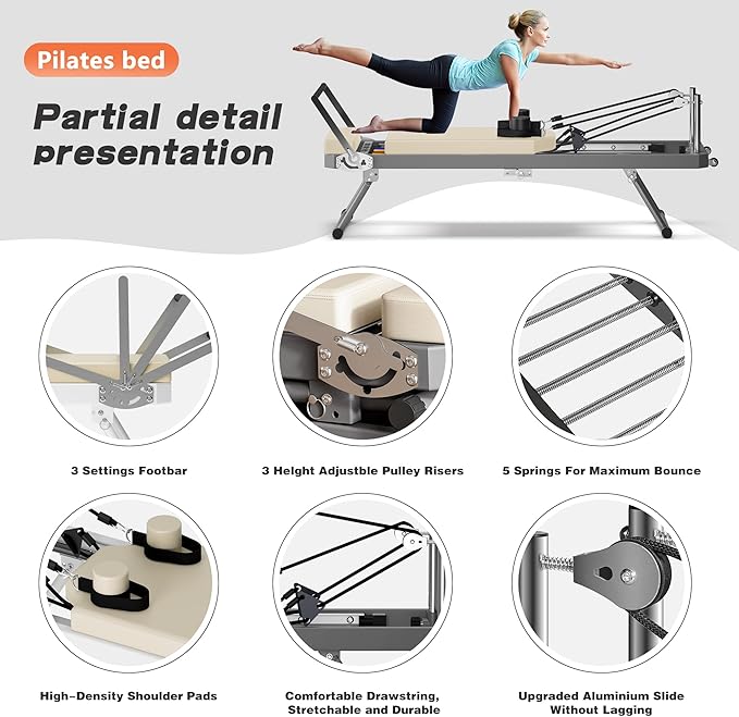 Foldable Pilates Reformer Machine for Home Use - 330lbs Capacity with 5 Alloy Springs, 11 Resistance Levels & UP Leather Surface, Space-Saving Fitness Equipment
