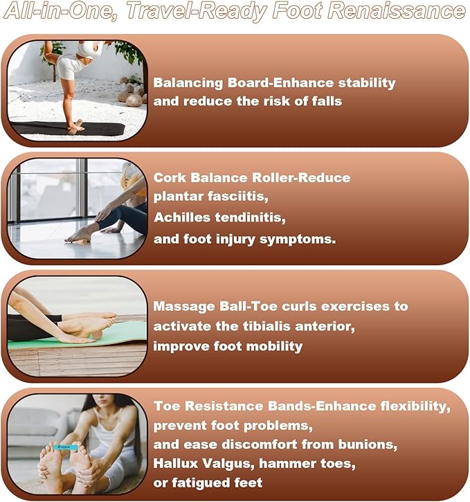 Cork Balancing Board Foot Restoration and Balance Kit with Massage Ball & Resistance Bands – Plantar Fasciitis Recovery, Improve Foot Health | Sports & Outdoors Balance Boards