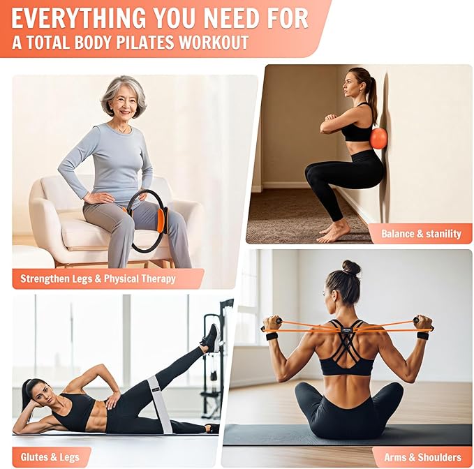 UZTUGG Pilates Equipment Kit at Home for Women, 4-in-1 Workout Essential Set with Pilates Ring, Fabric Resistance Bands, Figure 8 Resistance Band, Pilates Ball–Full Body Toning, Yoga & Stretching
