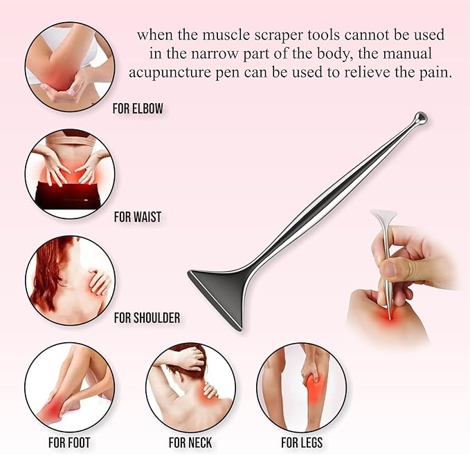 2-in-1 Acupuncture Pen with Pink Resin Gua Sha Set, Dual-Ended Stainless Steel Acupressure Massage Tool & Fascia Blaster for Muscle, Neck, Face & Foot Relief