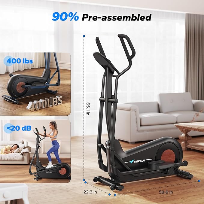 Merach Elliptical Machine, Elliptical Exercise Machine for Home with Hyper-Quiet Magnetic Drive System, Elliptical Training Machines with16.5-19IN Stride, Automatic Resistance, 400lbs Capacity