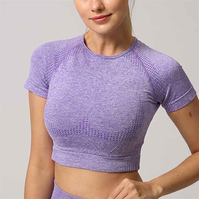 Yoga Set Seamless Women Long Sleeve Blouses Top Gym Sport Bra High Waist Tight Leggings Fitness Suit Shorts Sets (Color : Purple Shirt, Size : Small)