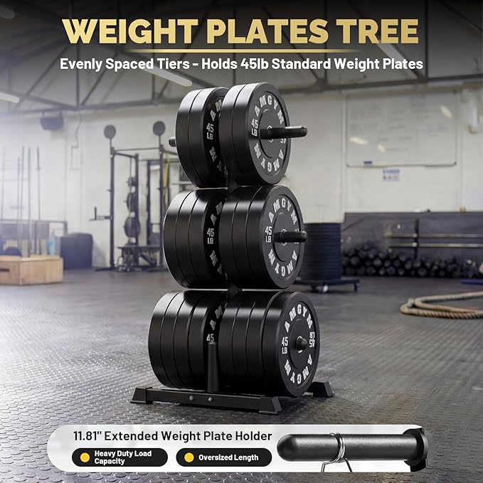 Weight Plate Tree Rack & Weight Set, Strength Training Plate Storage Stand and Barbell Holders for Home Gym, 1100 lb Weight Capacity, Fits Both 1" and 2" Bumper Plates