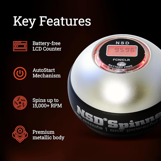 NSD Manual Spring Assisted Start Spinner Gyro Ball – Up to 15,000-18,000 RPM Premium & Durable Hand Strengthener and Wrist Exerciser for Grip Strength Training, Forearm Workout, and Pain Relief