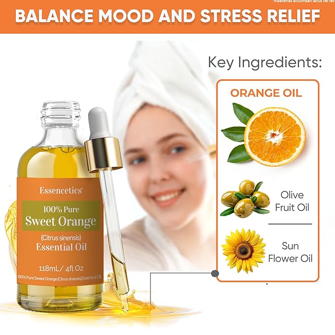 Sweet Orange Essential Oil 4oz - 100% Natural - Infused with Olive & Sunflower Oils - Perfect Orange Essential Oil Organic for Aromatherapy, Skin, Massage & Cleaning