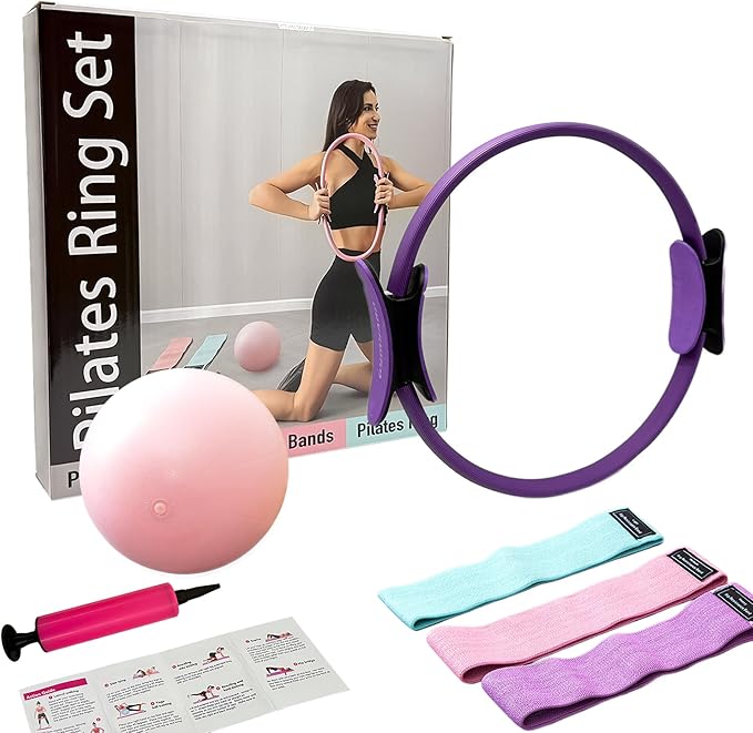 Pilates Ring Set, 15" Pilates Ring, Mini Ball, 3 Resistance Bands & Pump Kit, Home Workout Kit for Toning Arms, Thighs & Core