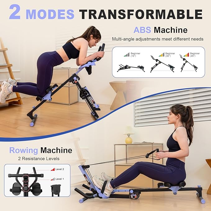 TOUSAINS 3 in 1 Ab Machine, Foldable Rowing Machine & Cable System, Core Trainer for Abdominal Workout, 4-Level Height & 2 Resistance Levels, All-in-One Home Gym Equipment for Weight Loss & Sculpting