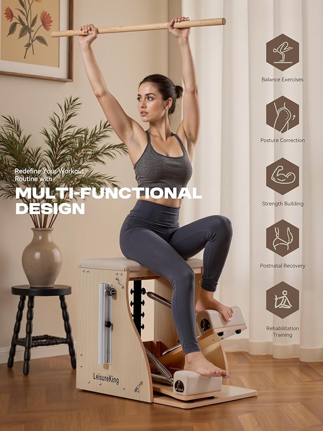 Pilates Combo Chair for Home Workouts, Wunda Chair with 5-Level Handles, Split Pedals, Resistance Bands, for Studio, Gym, Pilates Workout, Rehabilitation Exercises, Easy Assembly