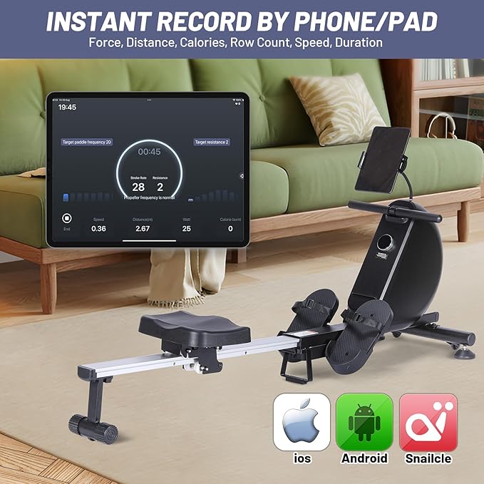 GarveeLife Magnetic Rowing Machine, Self Powered Rower Without Power Cord, Quiet Rower Machine with 16 -Level Adjustable Resistance, 350 LB Weight Capacity, Free Snailcle App