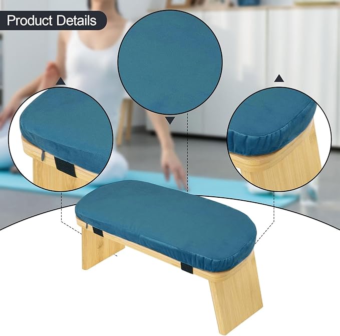 Meditation Bench Kneeling Stool Ergonomic Wood with Soft Cushion, Foldable Portable Prayer Bench, Meditation Stool 16.93x7.48x7.09inch- Blue