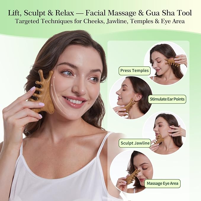 Gua Sha Tool for Face &Body,Gua Sha Sculpting Tool,Wooden Gua Sha Tool Face, Jawline Shaper Lymphatic Drainage Brush,Scalp Massage Tool&Head Scratcher,Face massager,Natural Green SandalWood