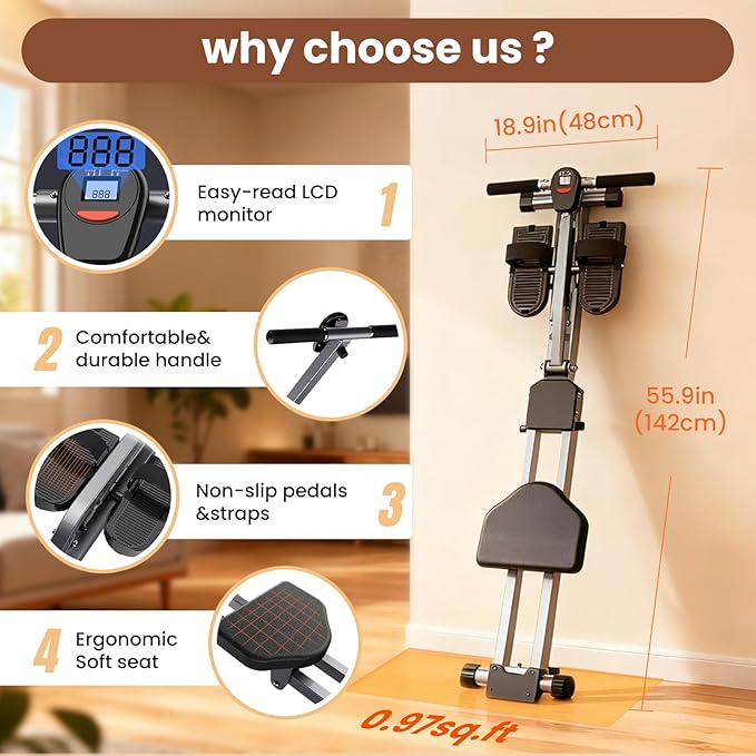 Rowing Machine, Compact Adjustable Rowing Machine 12 Levels of Complete Body Workout Resistance for Home, Low-Impact