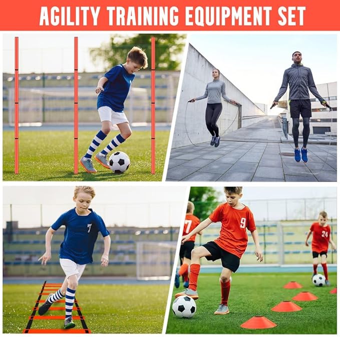 Soccer Agility Training Equipment, Includes 20ft Agility Ladder, 6 Adjustable Agility Poles, 10 Disc Cones, Jump Rope-Speed Training Set for Soccer Football Basketball Athletes