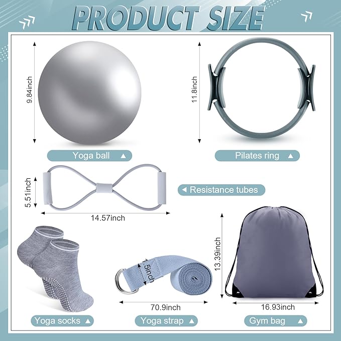Poen 18 Pcs Home Pilates Ball and Ring Circle Set Yoga Fitness Essentials Kit with 5 Resistance Band Stretching Strap Non Slip Sock Ball Core Slider Wristband Headband Gym Bag for Women