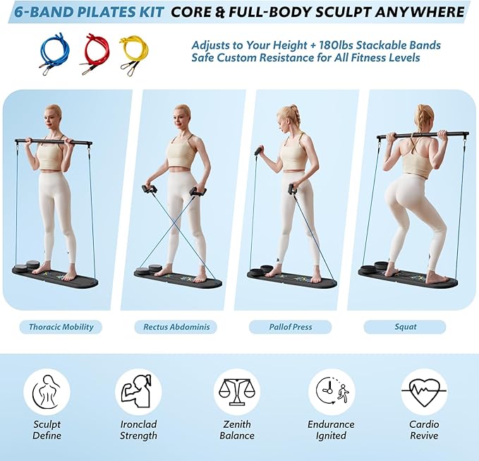 Pilates Board & Reformer Machine Set - Foldable Home Pilates Equipment, 6-in-1 Multifunctional Pilates Sliding Board for Women/Men, Portable Pilates Reformers Workout Machine 2025 Pro Version