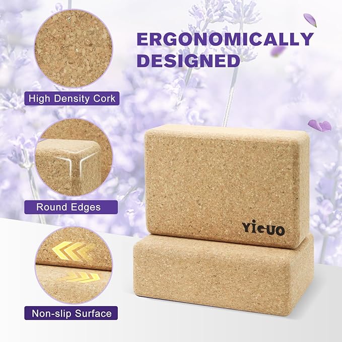 YIGUO Cork Yoga Blocks 2 Pack,Lavender Scented Yoga Blocks with Non-Slip Surface,Premium Yoga Accessories for Women & Men,9"x6"x3"