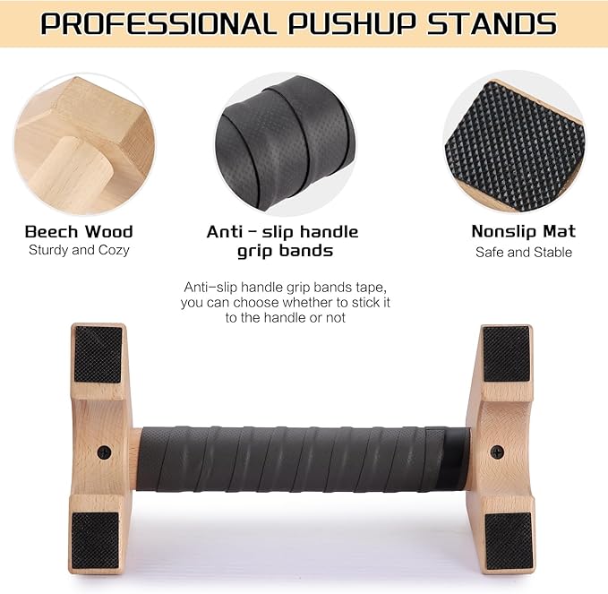 Parallettes Bars, Wooden Calisthenics Equipment with Anti-slip Tape, Push Up Bar& Handstand Blocks for Strength Training and Calisthenics