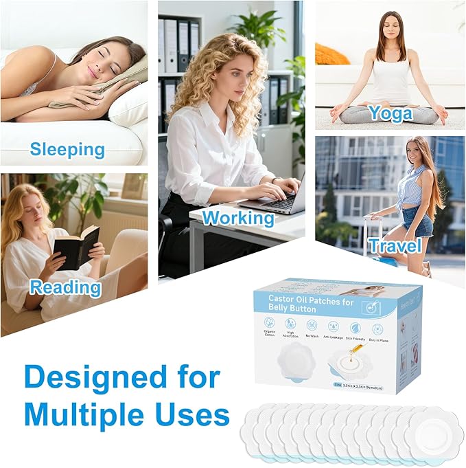 Castor Oil Patches, 60pcs Caster Oil Pack Wrap XL Size, Disposable Cotton Self-Adhesive Pads for Belly Button, Navel, Abdomen&Targeted Care|Leak-Proof & Breathable, No-Wash