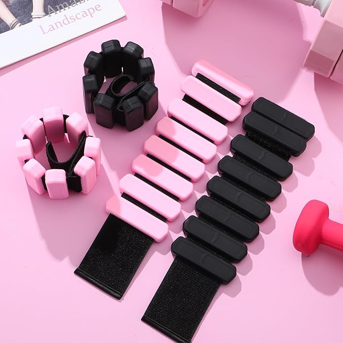 2 Pairs Wrist Ankle Weights Set Adjustable Silicone Weighted Bangles 1lb Pink 2lb Black for Women Men, Fitness Arm Leg Weights for Yoga, Pilates, Walking, Home Gym Workout