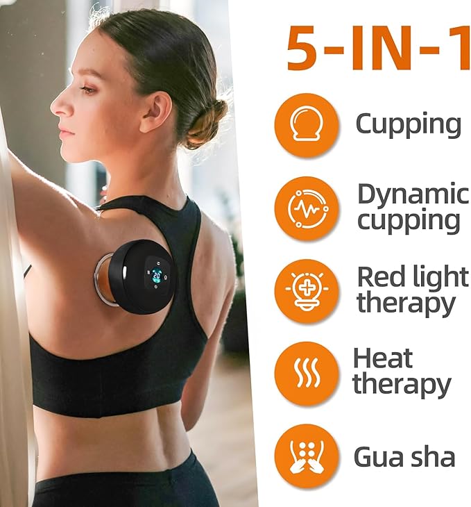 Becommend 5-in-1 Remote Cupping Kit for Massage Therapy with 20-Level Suction & Heat, Red Light – Cupping Set with 2 Replaceable Cups for Back Pain, Knots, Soreness Relief (Black)