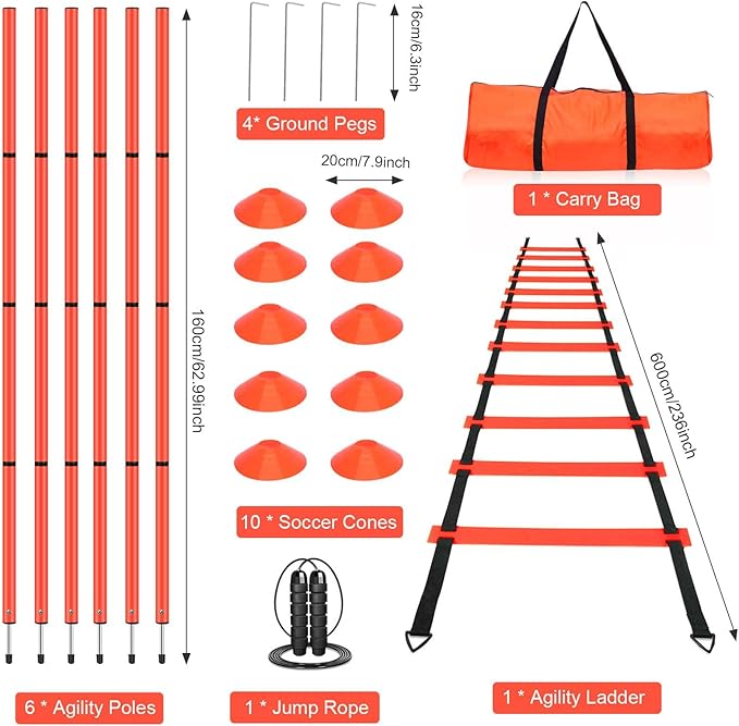 Soccer Agility Training Equipment, Includes 20ft Agility Ladder, 6 Adjustable Agility Poles, 10 Disc Cones, Jump Rope-Speed Training Set for Soccer Football Basketball Athletes
