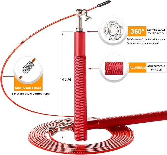 Speed Jump Rope - 360° Swivel Ball Bearing - Adjustable steel coated rope-Aluminum Anti Skipping Handle -Fitness Training Boxing Sports Exercises -Suitable for Kids and Adults