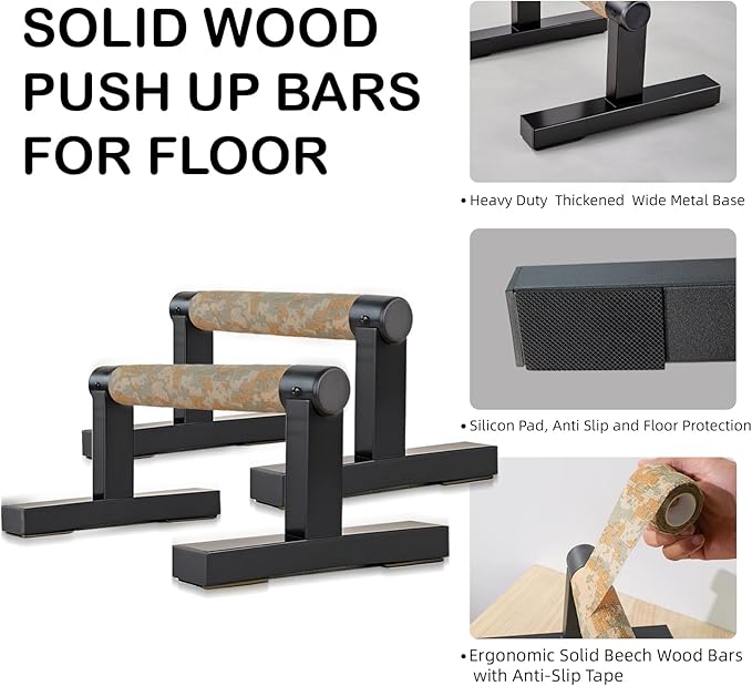Wooden Calisthenics Parallettes Bars, Push up Handles Floor, Strength Training Pushup Stands, Parallel Handstand Bars for Home Workout Fitness