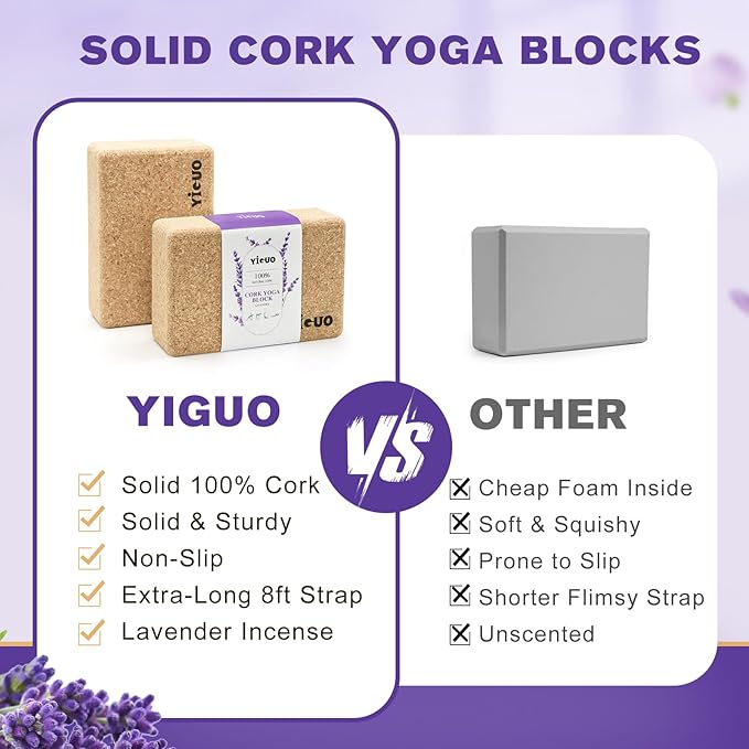 YIGUO Cork Yoga Blocks 2 Pack,Lavender Scented Yoga Blocks with Non-Slip Surface,Premium Yoga Accessories for Women & Men,9"x6"x3"