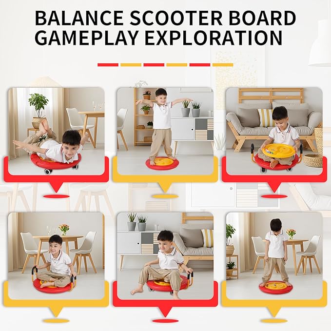 3-In-1 Balance Scooter Board for Kids，Plastic Wobble Balance Board Rocker Maze with Handles, 5 Balls, Toddler Floor Scooter Boards for Sensory Training, Physical Therapy