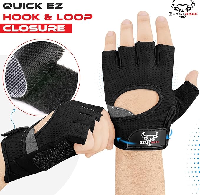 BEAST RAGE Fingerless Weight Lifting Gloves with Palm Protection Padding, Breathable Lightweight Gym Gloves for Men, Women, Weightlifting, Cycling, Exercise, Training Pull Up