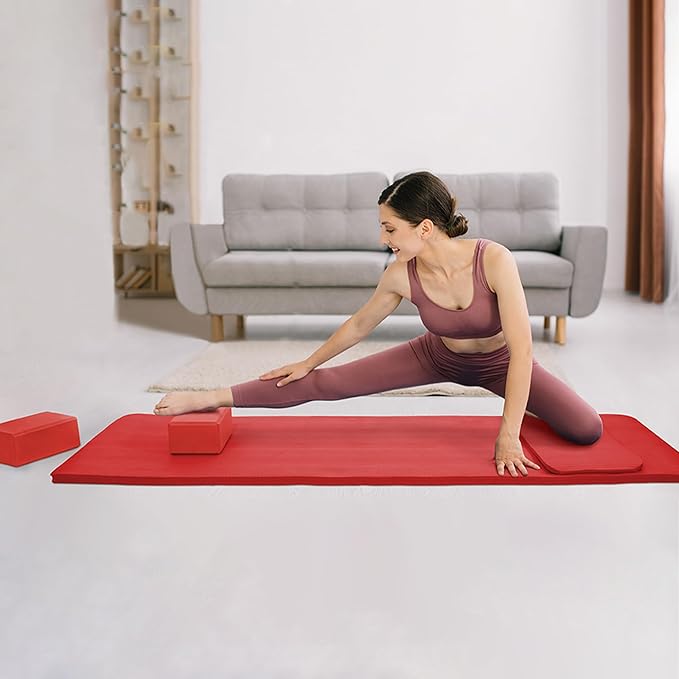 BalanceFrom 71x24 Inches Yoga Mat with Knee Pad and Optional Blocks – Extra 1-Inch Thick Non-Slip Foam with Anti-Tear Surface and Carrying Strap for Home, Studio, or Gym Workouts